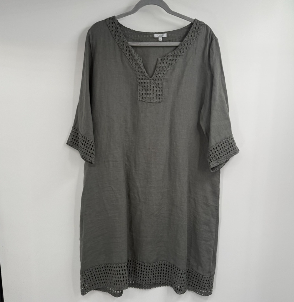 Rosemarine Linen Shift Dress Women XL Gray Lace Trim V-Neck Lagenlook 3/4 Sleeve